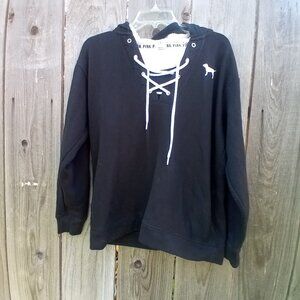PINK Hoodie Womens Size S/P Black Pullover Hoodie V- Tie Neckline Pockets
